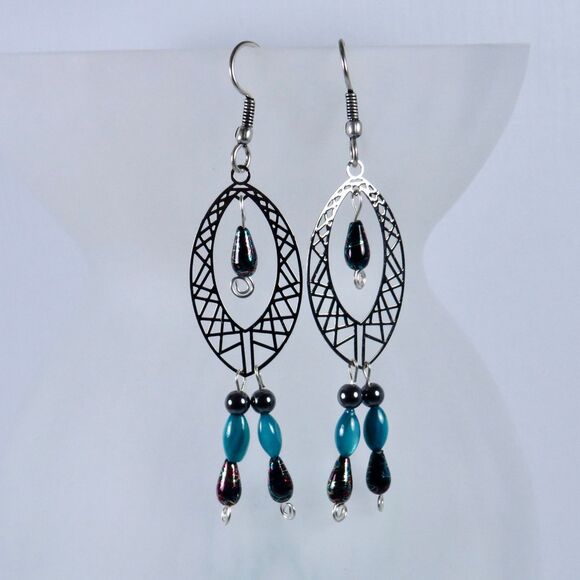 Silver Toned Chandelier Earrings, Hematite Jewelry, Long Dangle Earrings Women - Picture 3 of 9